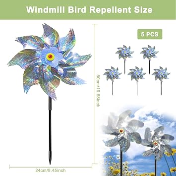 Reflective Bird Scarer Windmill, 5 PCS Windmills Scare Birds Pigeons Deterrent, Reflective Bird Repellent Windmill, Pigeon Repellent, Pinwheel Birds Deterrent Hanging Device Sparkly Silver Spinners
