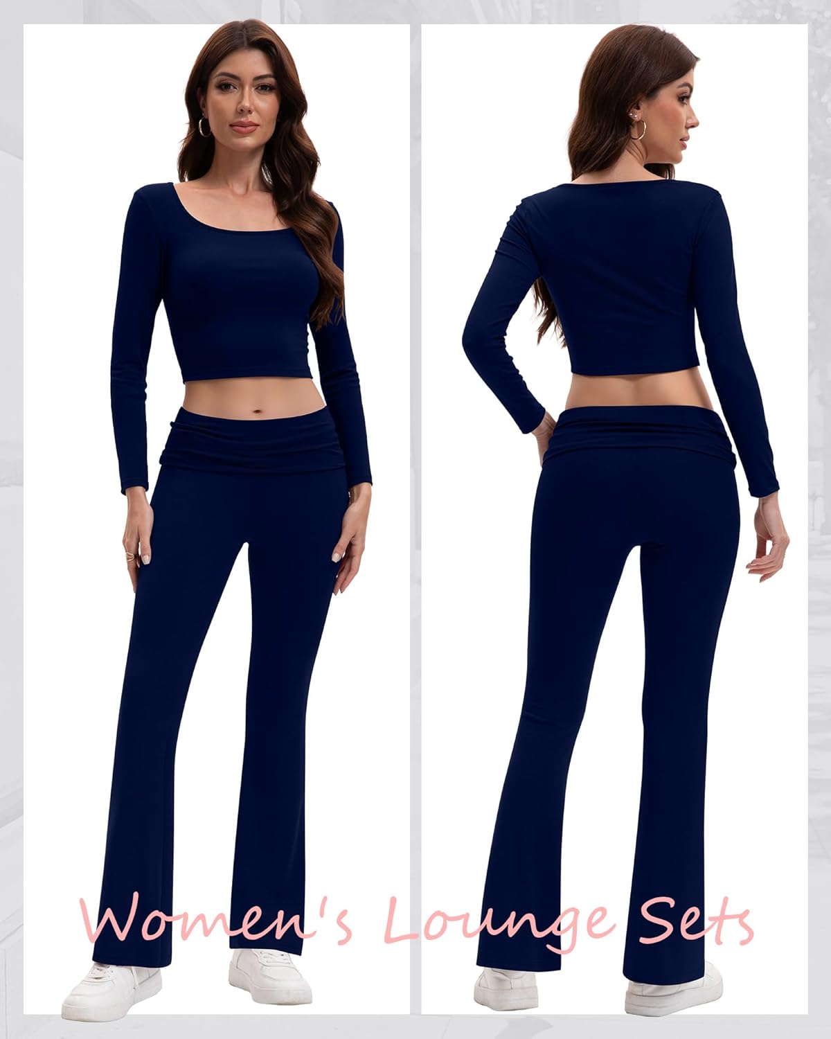 Women's 2 Piece Workout Sets Square Neck Long Sleeve Crop Tops Fold over Flare Leggings Casual Gym Pilates Yoga Set - Image 2