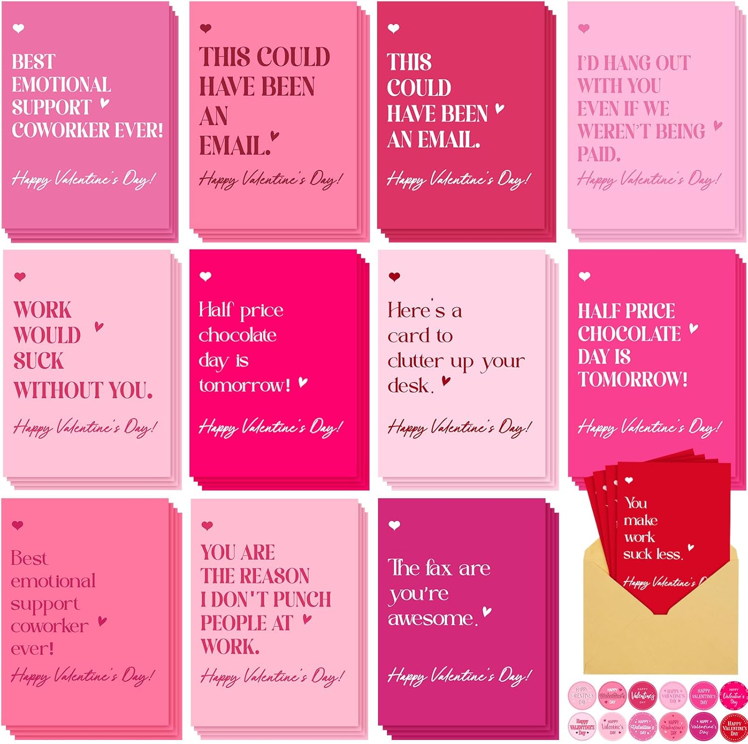 Resurhang 48 Pack Funny Coworker Valentines Day Cards with Envelopes and Stickers Humorous Work Valentines Day Cards for Colleagues Employees Boss Office Team Gifts for Coworkers 4.5 x 6 inch
