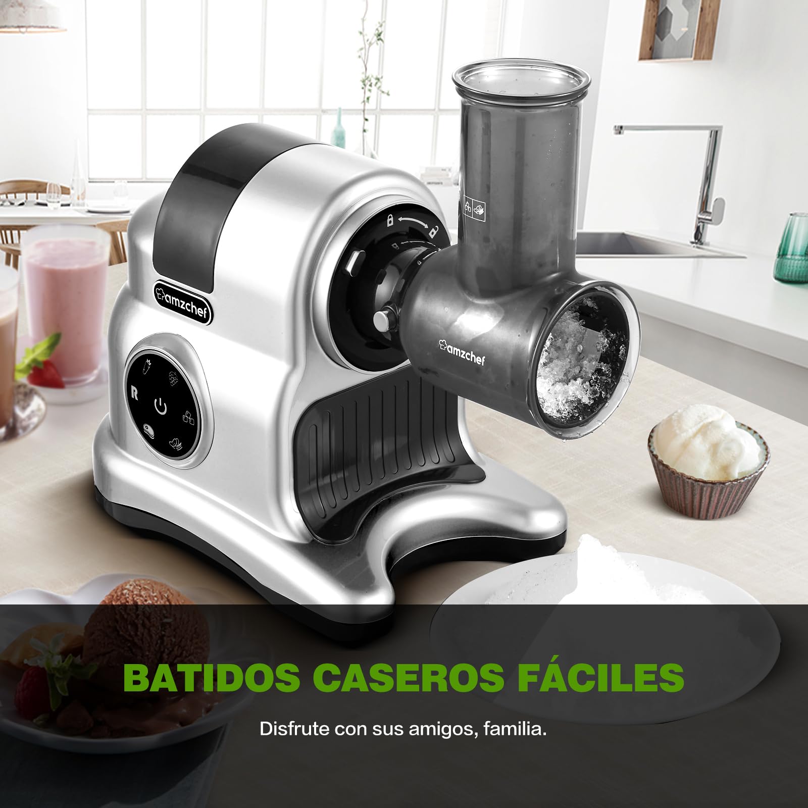 AMZCHEF Extractor 4 EN 1 - Extractor de Zumos y Verduras/Ralladores Eléctricos/Picadora de Carne/Elaborador de Salchichas - Juicer con Apertura de 80mm con Accesorios Multifuncionales - Plata