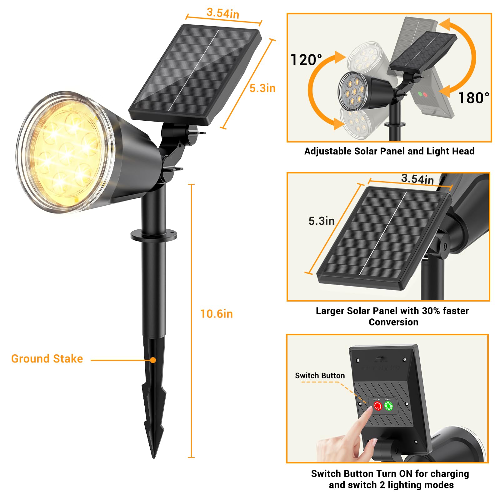 Luci solari impermeabili per esterni: confezione da 2 faretti regolabili – fino a 15 ore di luce esterna a lunga durata – 2 in 1 LED luminosi per esterni per giardino, cortile, sentiero, albero