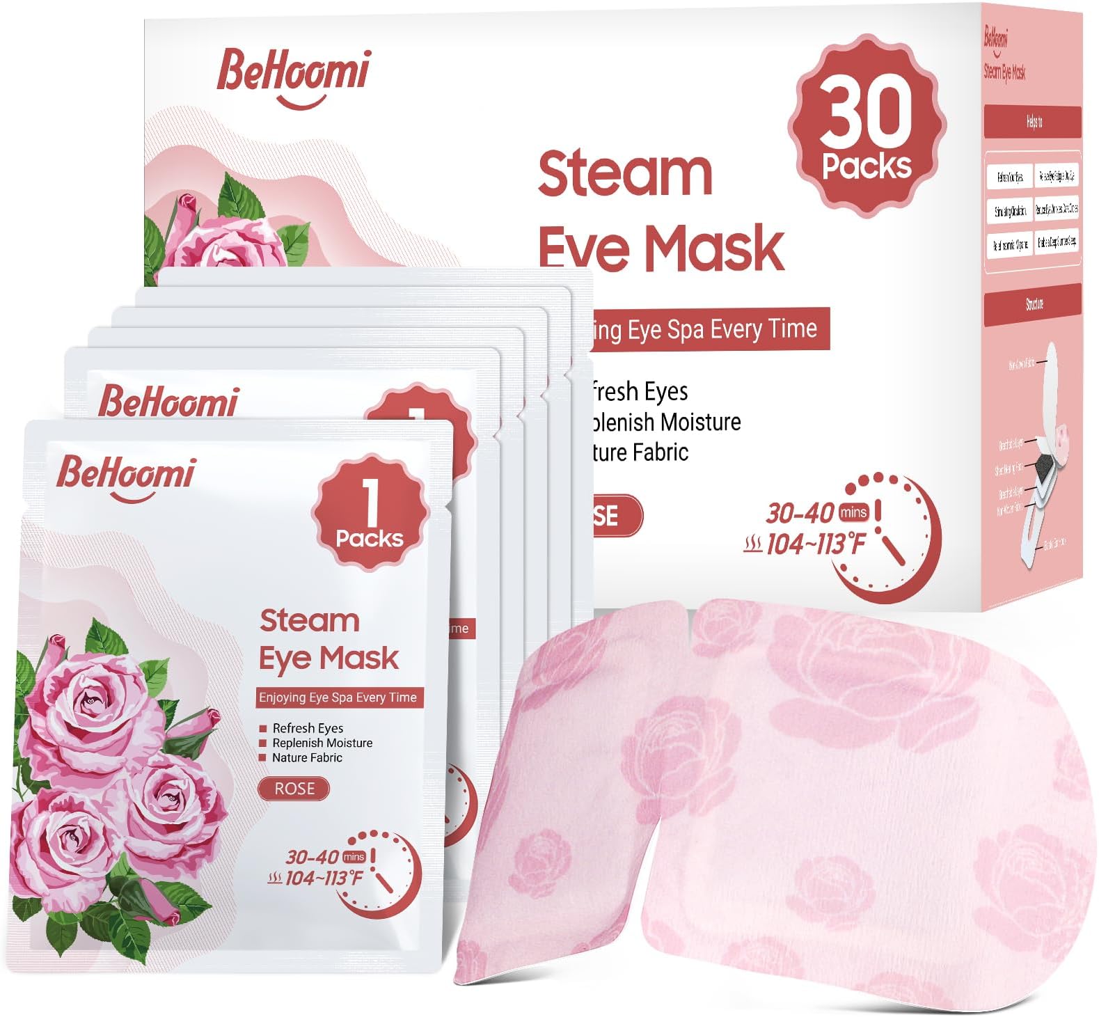 BeHoomi 30Packs Steam Eye Mask, Heated Eye Mask Warm Compress for Eyes, Self Heating Disposable Steam Mask for Home Sleep, Spa, Travel Essentials & Relaxation Gifts, Mothers Day Gifts (Rose)