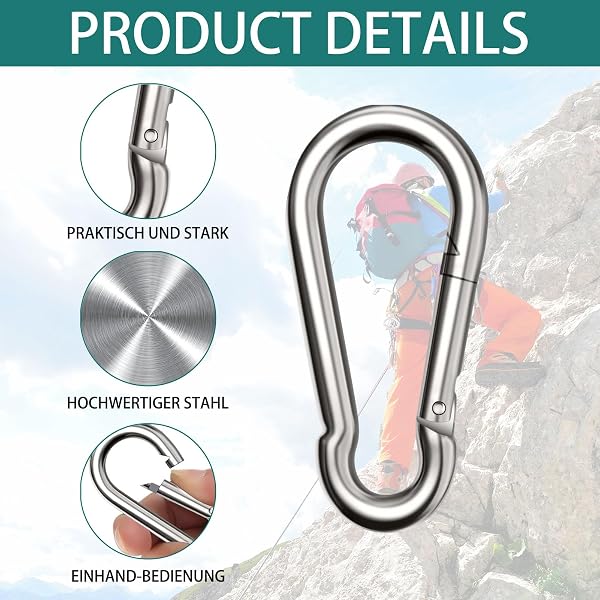 Mousquetons, 6 pièces Mousqueton INOX, Carabiner, pour Sac à Dos, Laisse pour Chien,hamacs, Camping, pêche, auvents etc. pour Tous Les Types d'aide à la Traction et poignées avec Un œillet. - 3