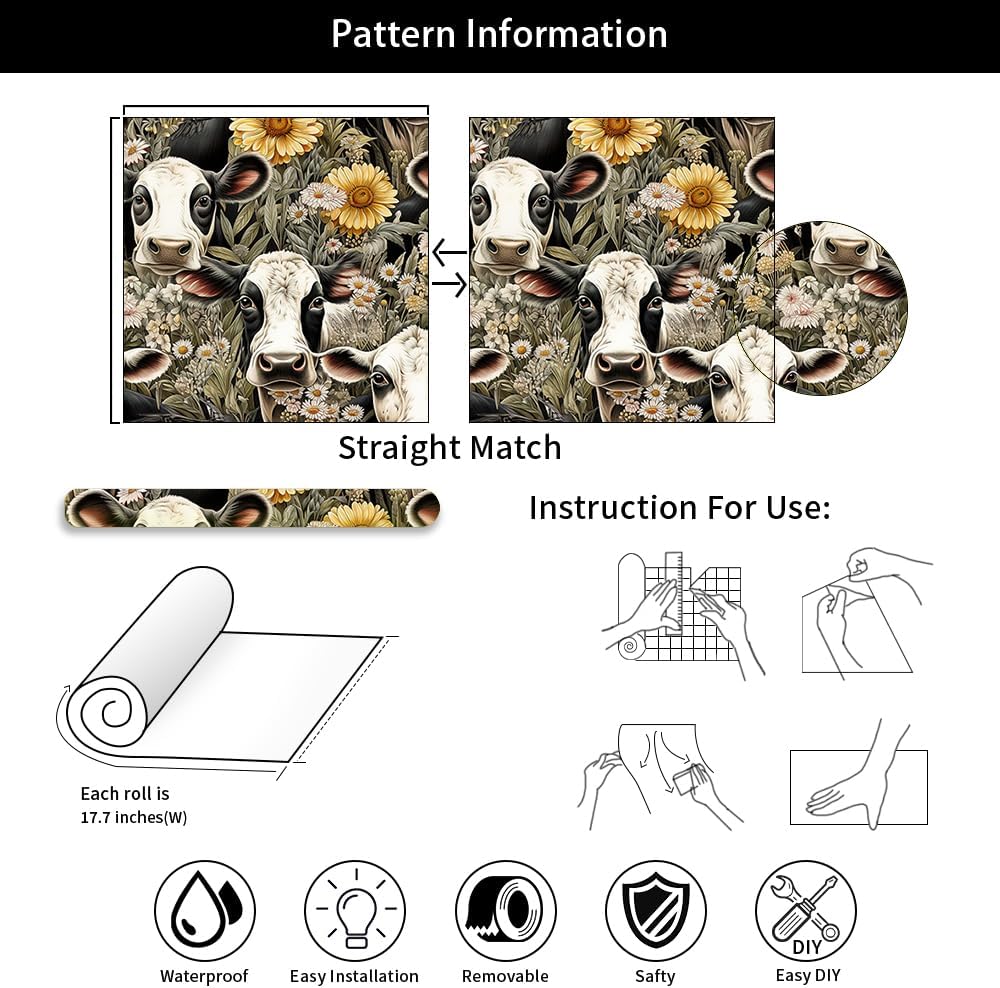 18"x236" Boho Farm Sunflower Cow Animals Peel and Stick Self Adhesive Wallpaper Removable Contact Paper Stick on Easy Peel Off Wall Paper for Kitchen Bedroom Bathroom Renter