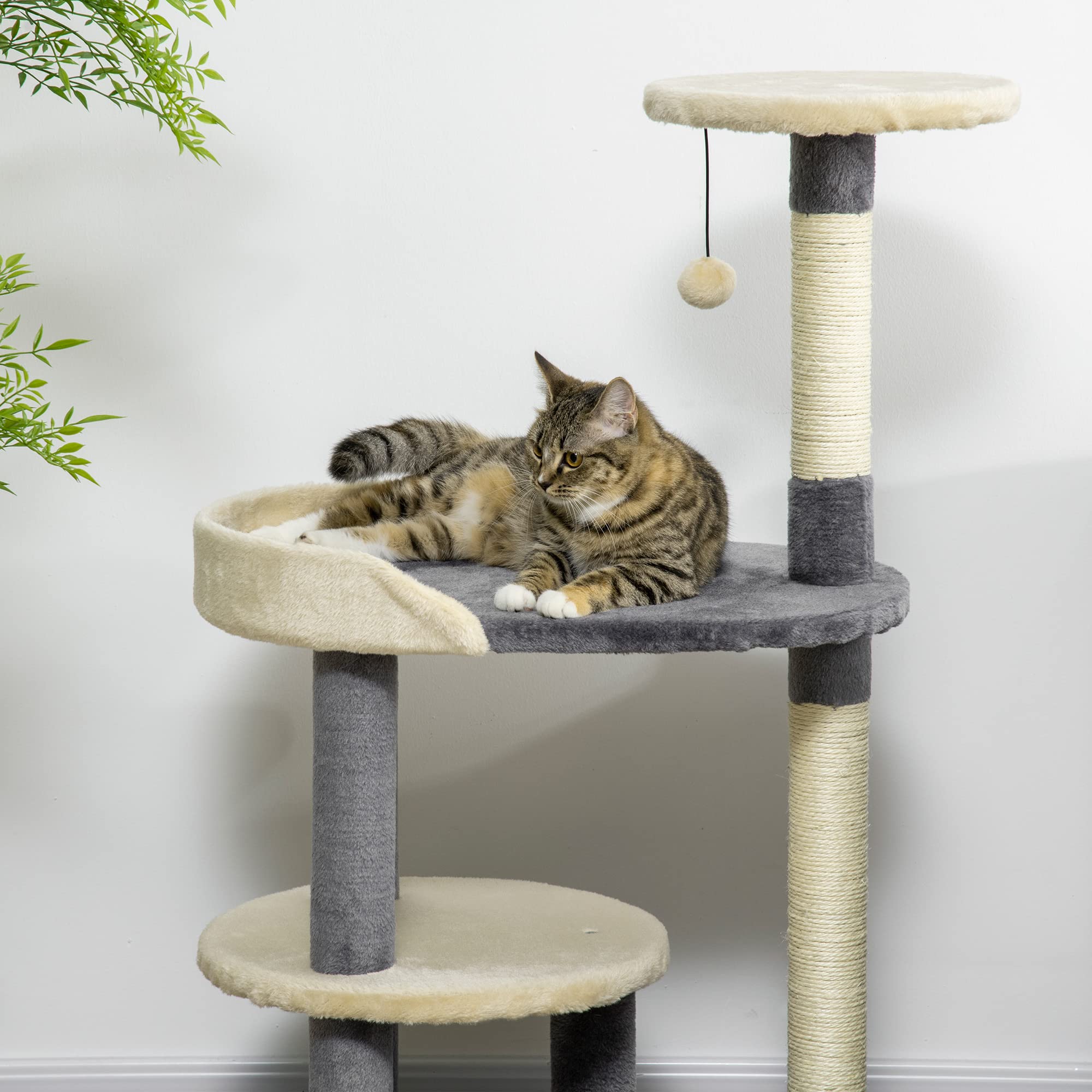 Albero Tiragraffi Per Gatti PawHut A 3 Piani Con Sisal, Peluche E Pallina – 105 Cm, Grigio