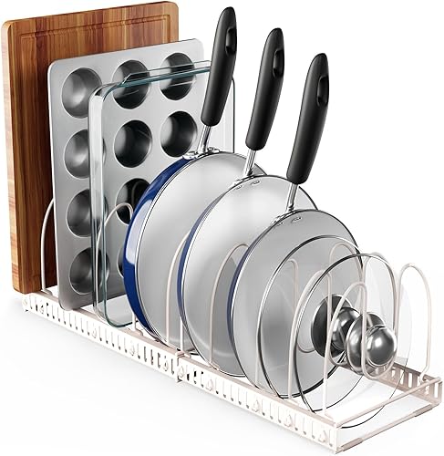 Better Things Home Organizador de cocina, más de 12 estantes organizadores de ollas y sartenes expandibles, antiarañazos, organizador de tapa para