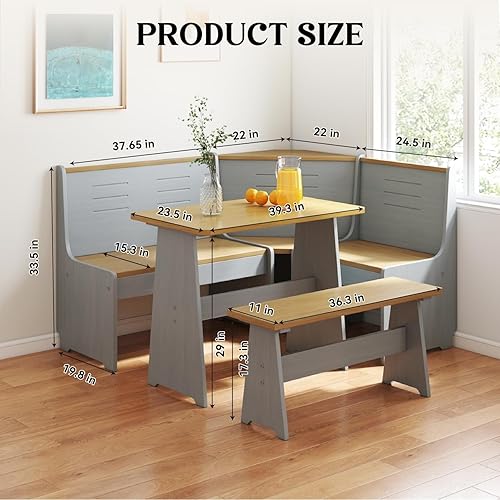 Miniatura 4 de Breakfast Nook Corner Dining Table Kitchen Bench Chair Set, Space-Saving 3-5 People Seat Reversible L-Shape for Family Home Grey Wood
