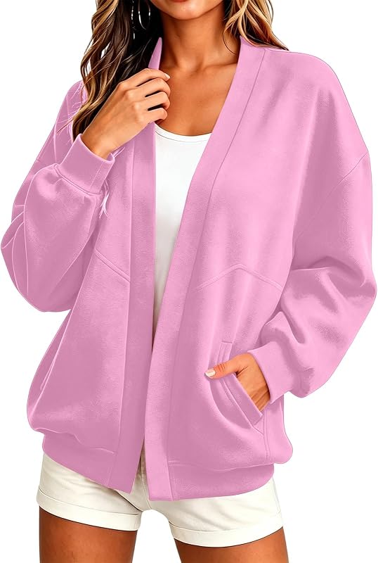 Womens Oversized Open Front Cardigan Drop Shoulder Fleece Jacket