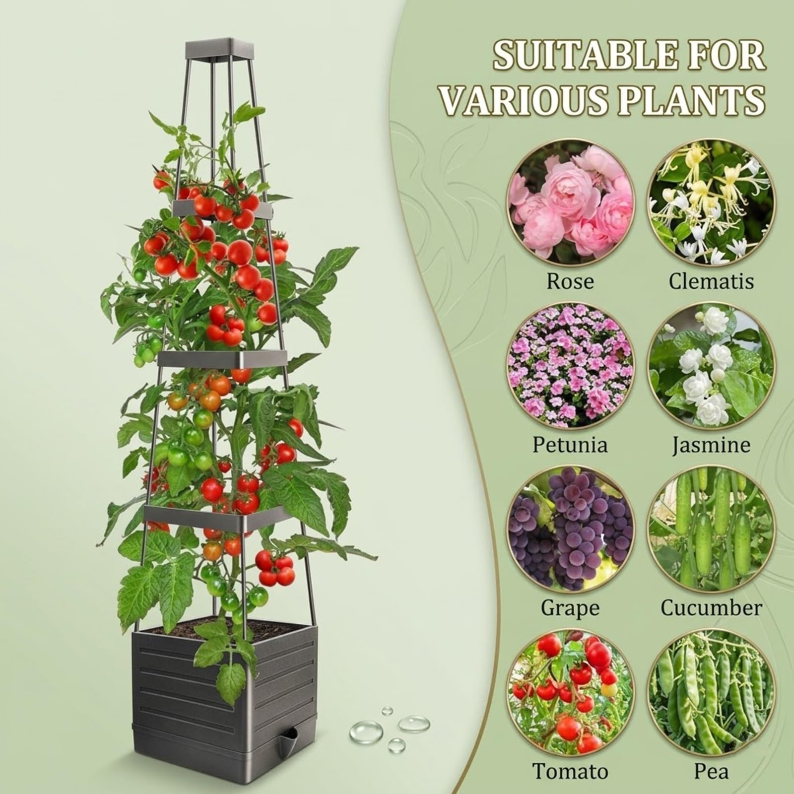 Jardinière Surélevée À Arrosage Autoirriguant avec Treillis, 114cm 140cm Tuteur Tomate avec Support pour Plantes Grimpantes, Fleurs Et Légumes, Intérieur Et Extérieur(114cm/44.9in)