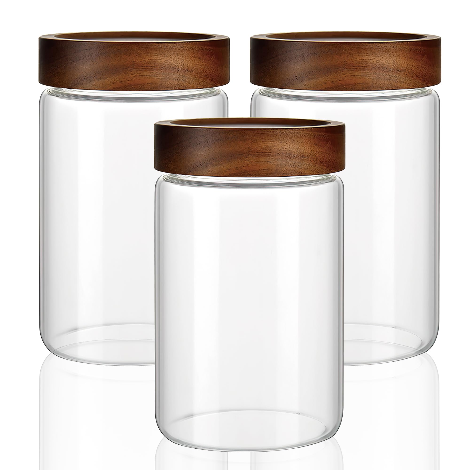 INCETUE Glass Storage Jars with Wooden Lids, 850ml Clear Airtight Food Storage Canisters (Set of 3) with Screw Top, Kitchen Pantry Containers for Coffee Bean, Cookies, Biscuit, Pickling, Pasta