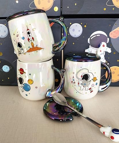 Miniatura 3 de CinYana Taza de cohete de astronauta estrellada con labio y cuchara, taza de café con leche, taza de cerámica con bonita caja de embalaje (16.9 fl