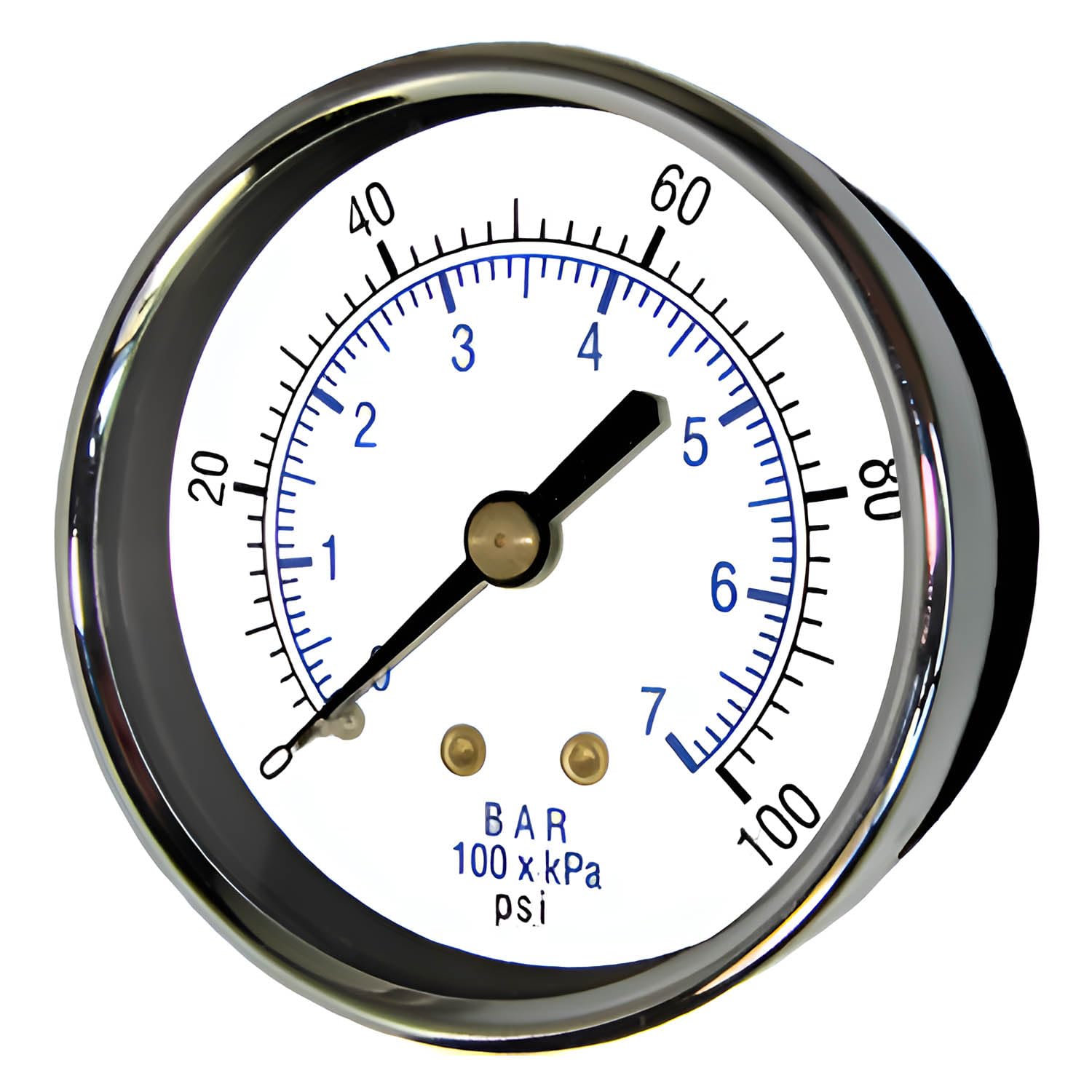PIC Gauges 102D-208E-GL Center Back Mount Dry Pressure Gauge w/ Black Steel Case, Brass Internals, Chrome Bezel, Glass Lens, 2" Dial, 0/100 psi Range,