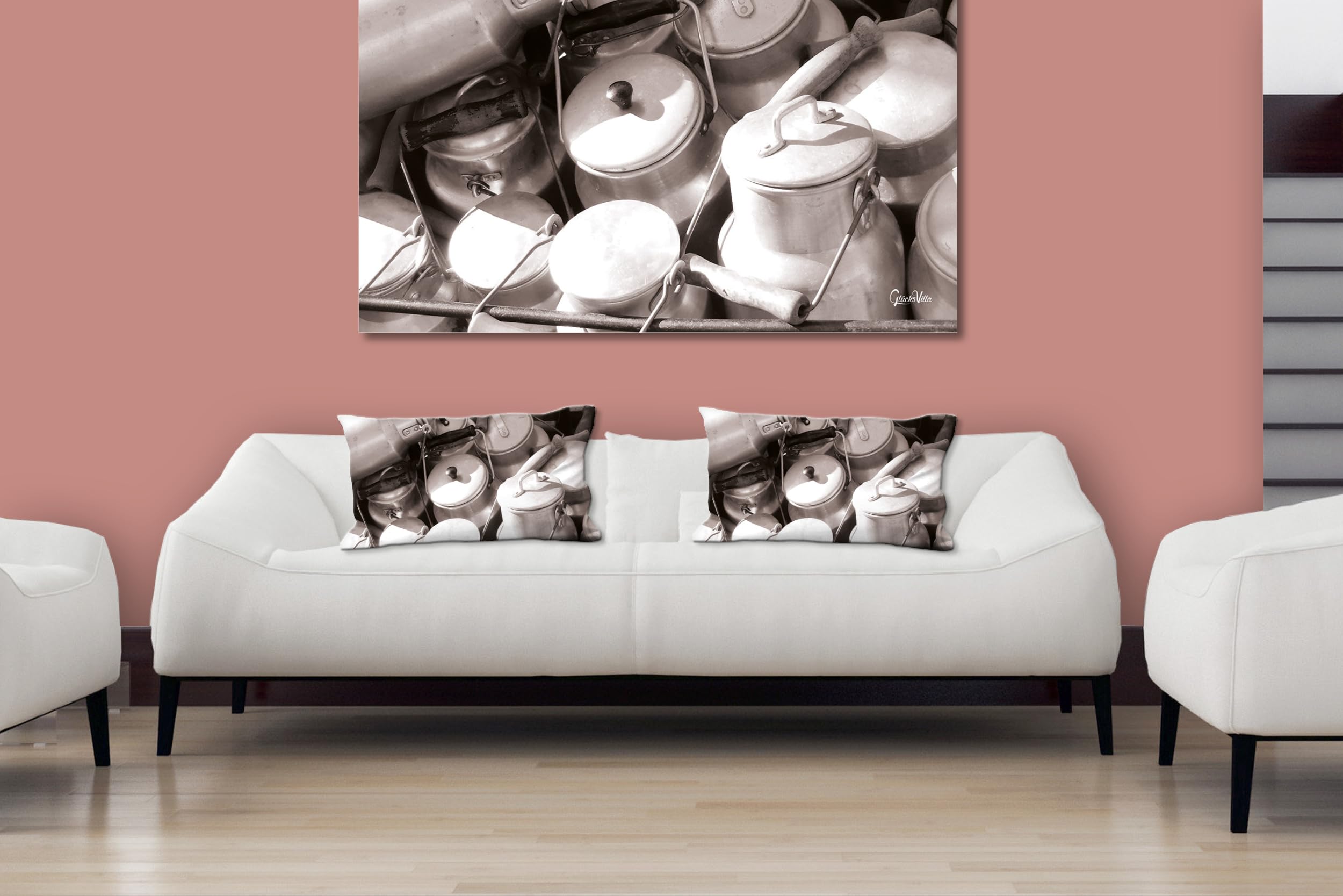 Milchkannen 2 - Foto-Kissen-Hülle Set (2 STK.) 80 x 40 cm | Kissen-Bezüge - passend zu Wandbild - Deko-Kissen - Küche Milch Geschirr Kuh Bauernhof