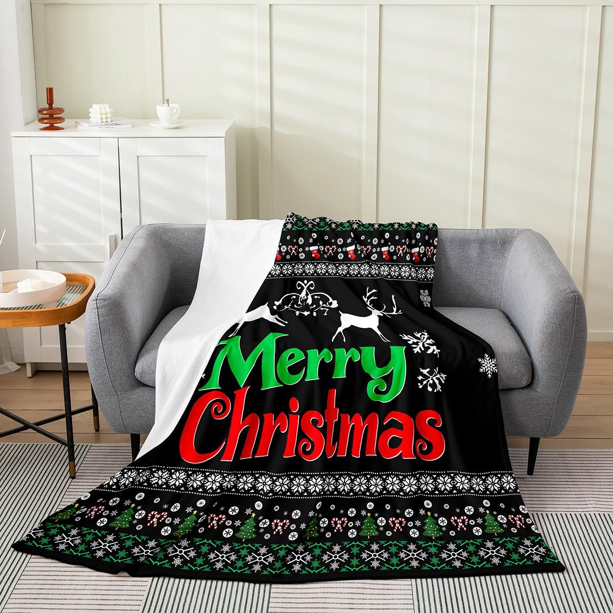Erosebridal Merry Christmas Sherpa Blanket, Xmas Tree Deer Fleece Blanket Kids Adult, Magic Snowflake Decor for Teens Youth, Winter Theme Floral Black Pattern for Home Room Decor Queen