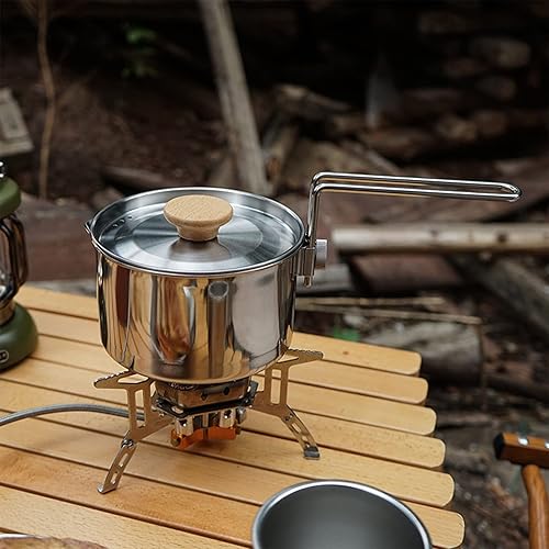 Miniatura 5 de Topyond Olla de utensilios de cocina portátil de acero inoxidable de 1 L, mango plegable, equipo de picnic para mochileros, cocina bushcraft