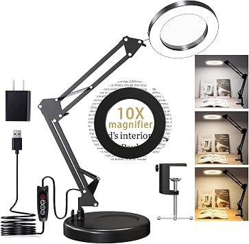 Magnifying Glass with Light and Stand, 10X Magnifying Lamp, 2-in-1 LED Lighted Desk Magnifier with Light, Craft Light Lamp with 3 Color Modes for Close Work Reading Repair Crafts