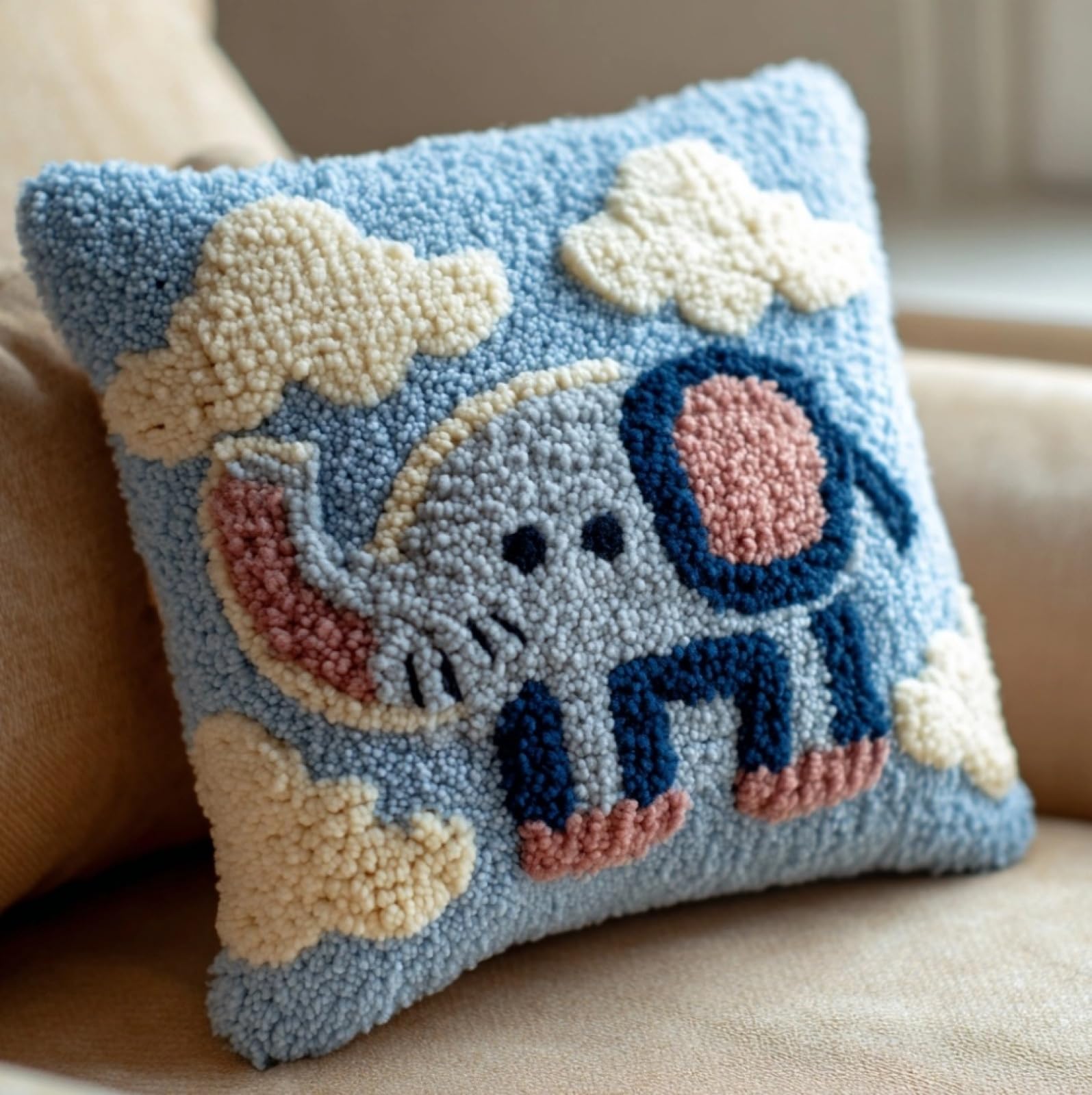 Wallustrioaw Cartoon Elephant Latch Hook Craft Cushion Kit 43X43cm,