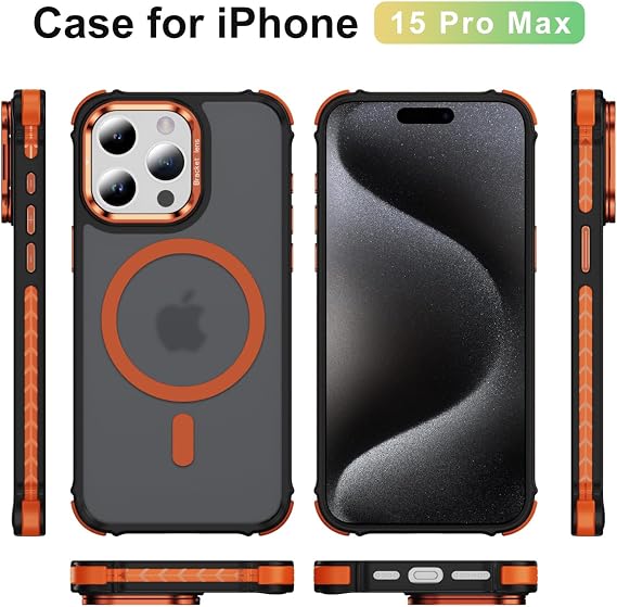 Magnetic Case for iPhone 15 Pro Max,Builtin Camera Ring Kickstand (Orange)
