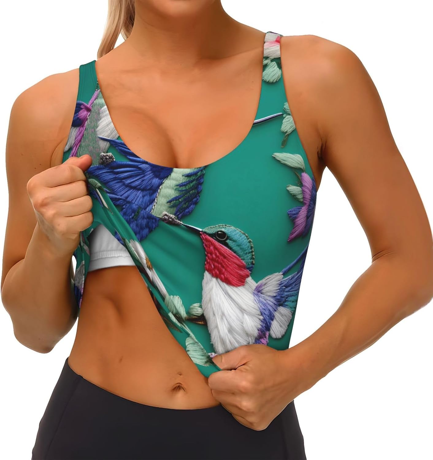 Flower Hummingbirds Embroidery Print Women's Strappy Sports Bra, Stretch Gym Bras U Neck Yoga Tops, Comfort Seamless Bra