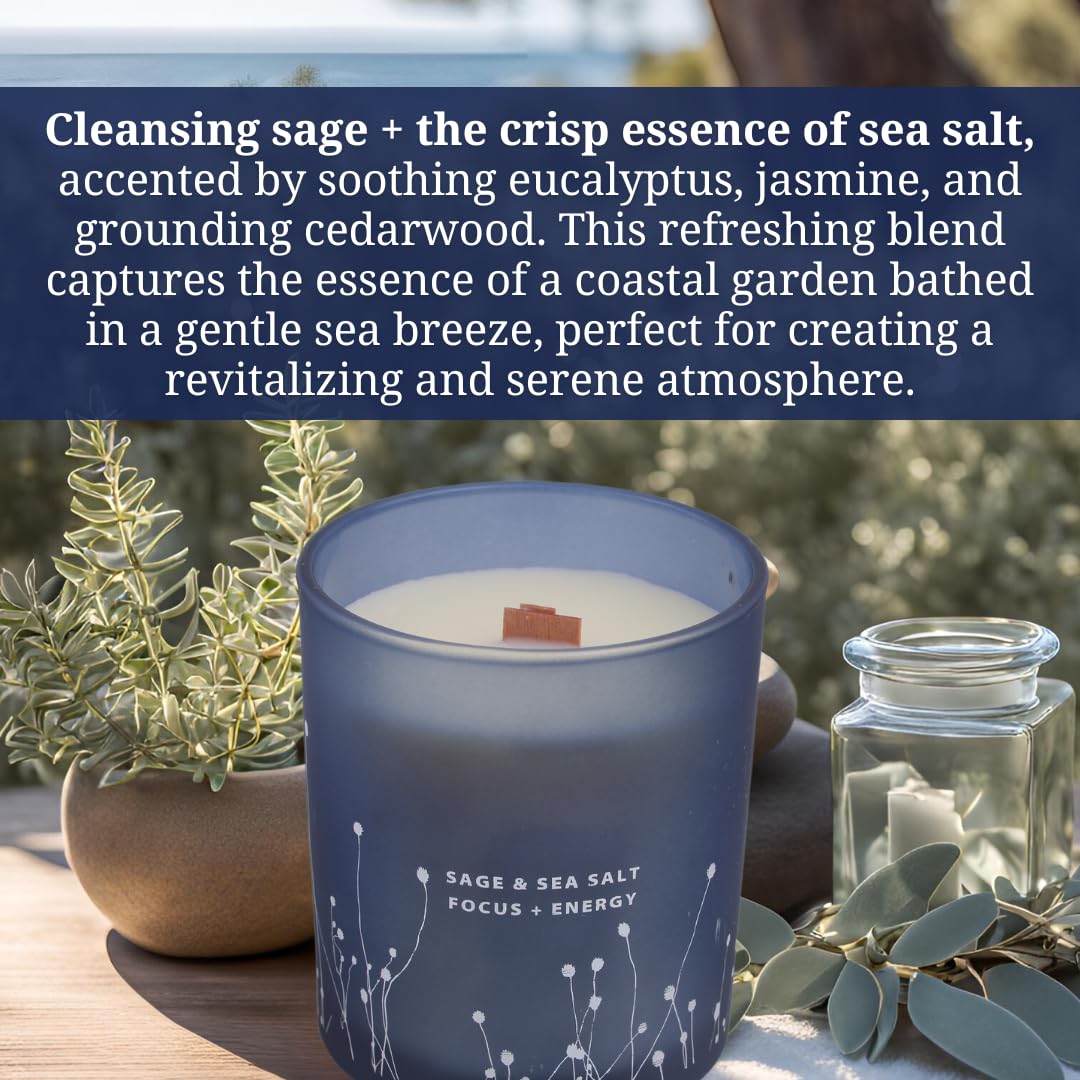 Vela perfumada de sal marina de salvia con mecha de madera de 10.6 onzas | Velas perfumadas de soja natural para el hogar | Vela de limpieza energética de salvia blanca para concentrarse | Velas de 2