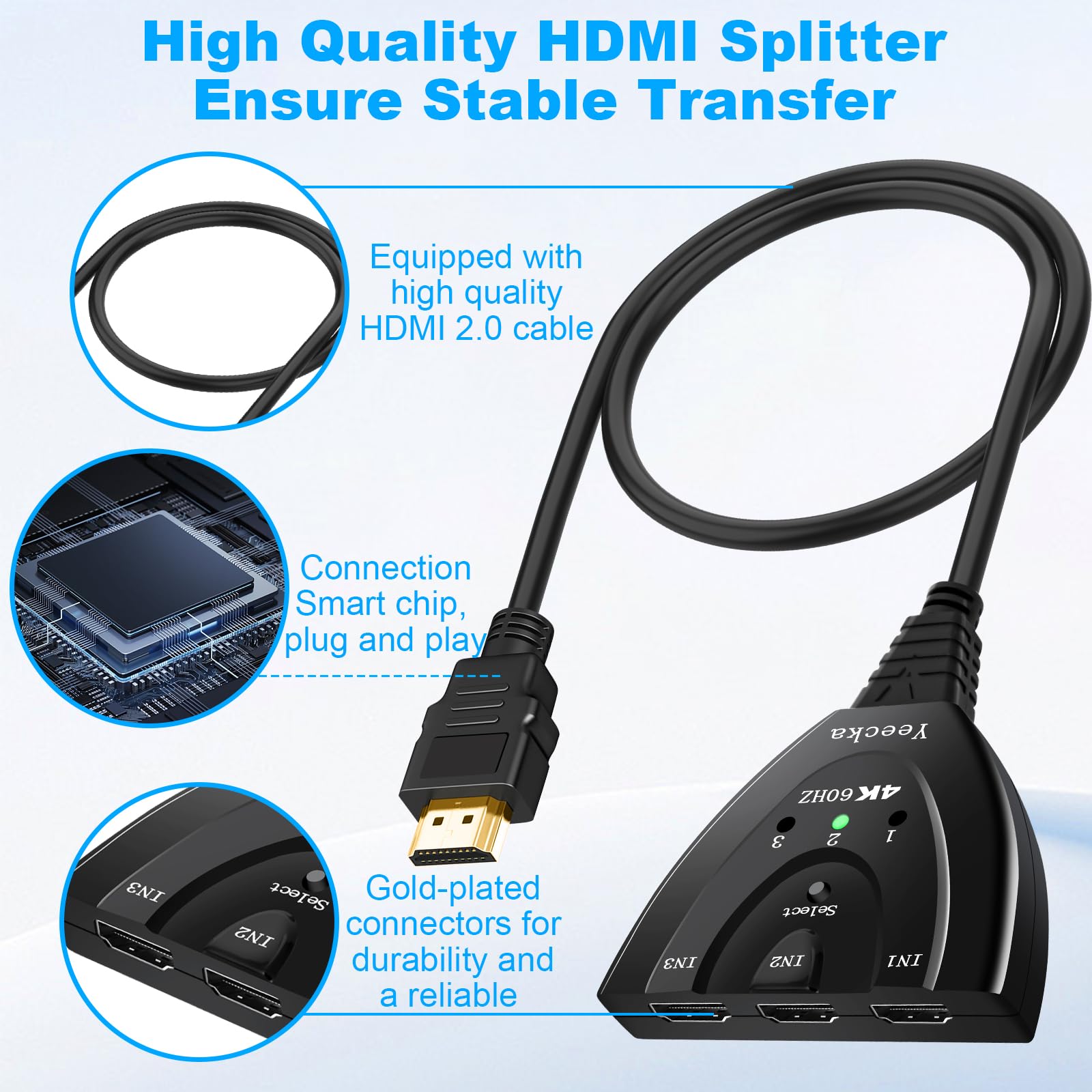 Yeecka Sdoppiatore HDMI Bidirezionale 4K 60Hz Sdoppiatore HDMI Alluminio Switch Splitter 3 in 1 Out, Supporta 4K 3D 1080P UHD HDCP 2.2 Splitter Per TV/Blu-ray/Firestick/Xbox/PS3/4/5-Plata