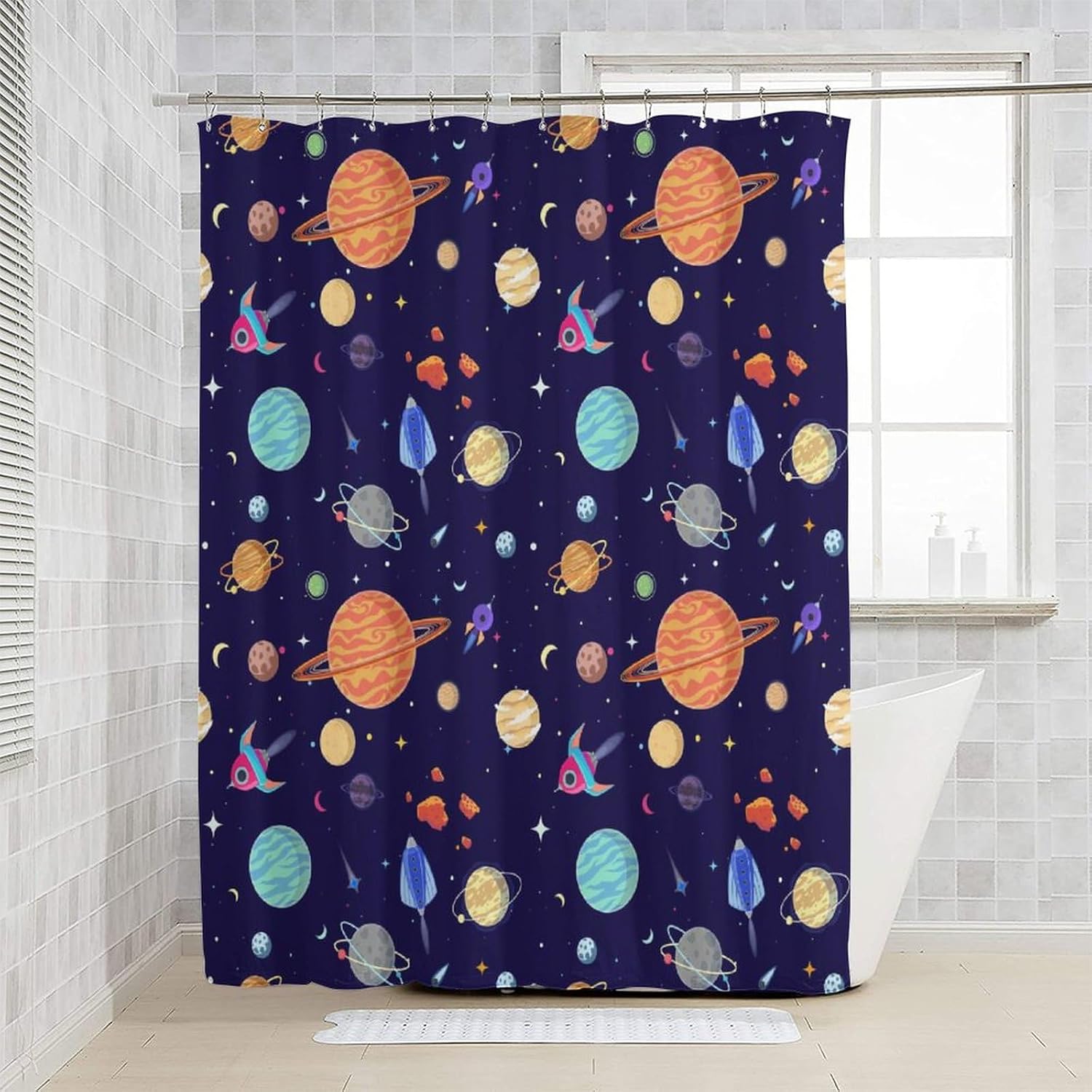 Kids Cartoon Planet Shower Curtain Boys Children's Bathroom Shower Curtain Set Modern Outer Space Simple Universe Galaxy Pattern Decorative Shower Curtain with 12 Hooks 72x84 Inches
