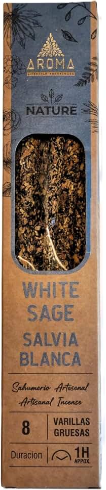 Incienso Aroma Nature Salvia Blanca | Incienso100% Natural Artesanal, sin Tóxicos | 8 Barras de Incienso de 1 Hora Aprox. | Limpieza Energética, Protección y Renovación Espiritual.