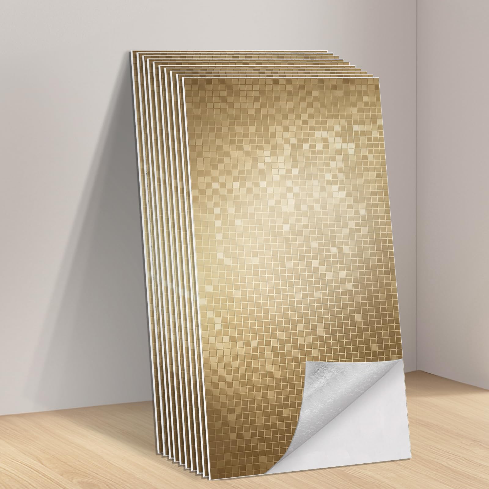 Tarwanear 50-piece Self Adhesive Wall Tile Stickers for Bathroom - 60x30cm Champagne Mosaic Reflective Stick on Tiles, Waterproof Peel and Stick Wall Panels for Kitchen Backsplash