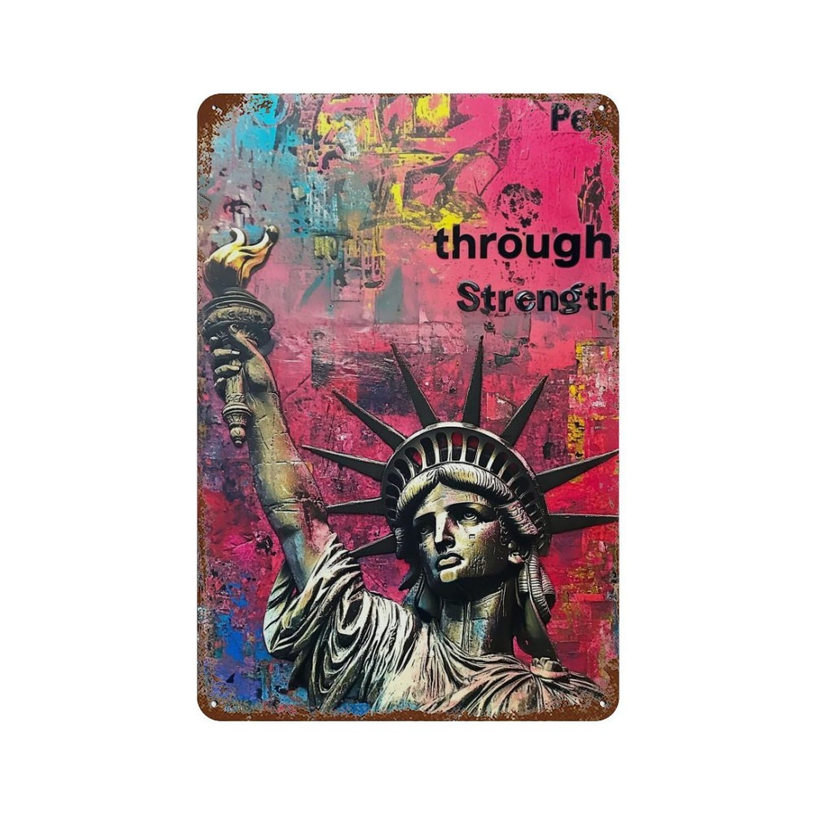 Liberty Statue Strength & Peace Rust Effect Tin Sign 11.8"x7.9", Vintage Wall Decor for Garage, Pub Or Kitchen