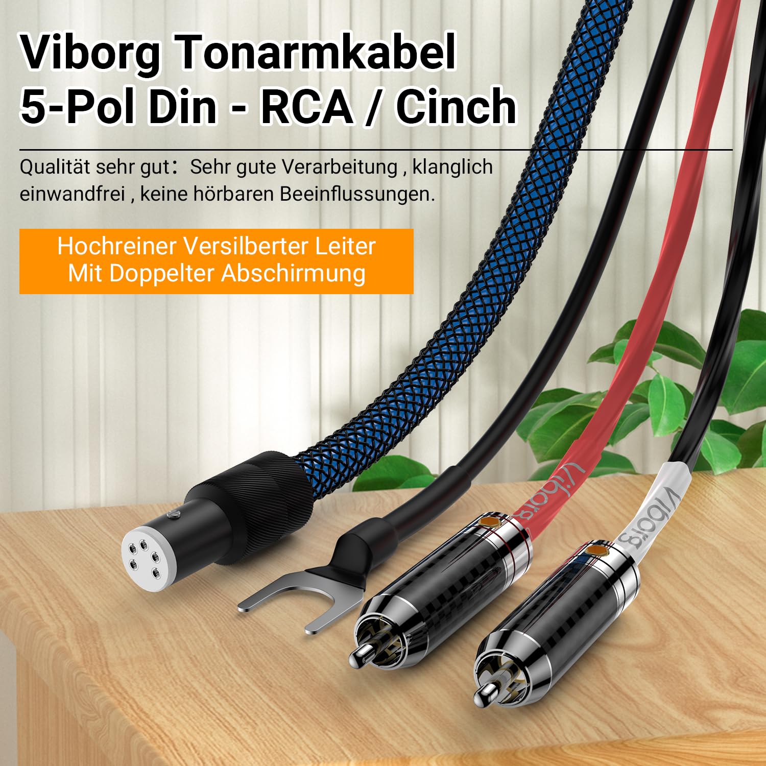 Viborg Cavo fonoculare High End LC800, OFC placcato argento, 2 connettori RCA placcati in rodio, jack su 5 poli, dritti con conduttore di messa a terra separato, per giradischi