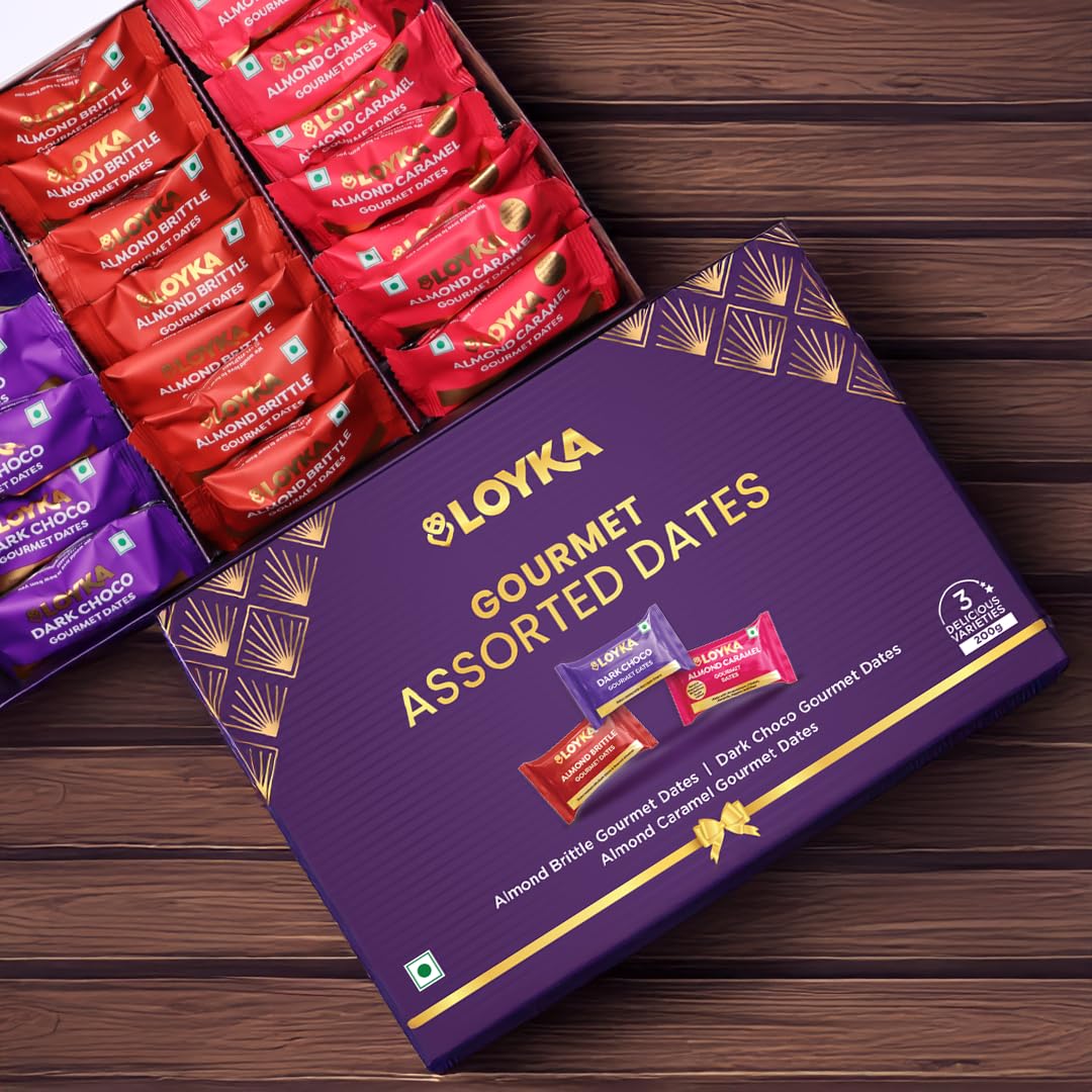 Gourmet Dates/Khajoor Assorted - 21 pcs | Perfect For Birthday, Wedding & Anniversary Celebrations | Choco Khajoor Gift Hamper | Almond Brittle - Caramel Almond, 200 gram