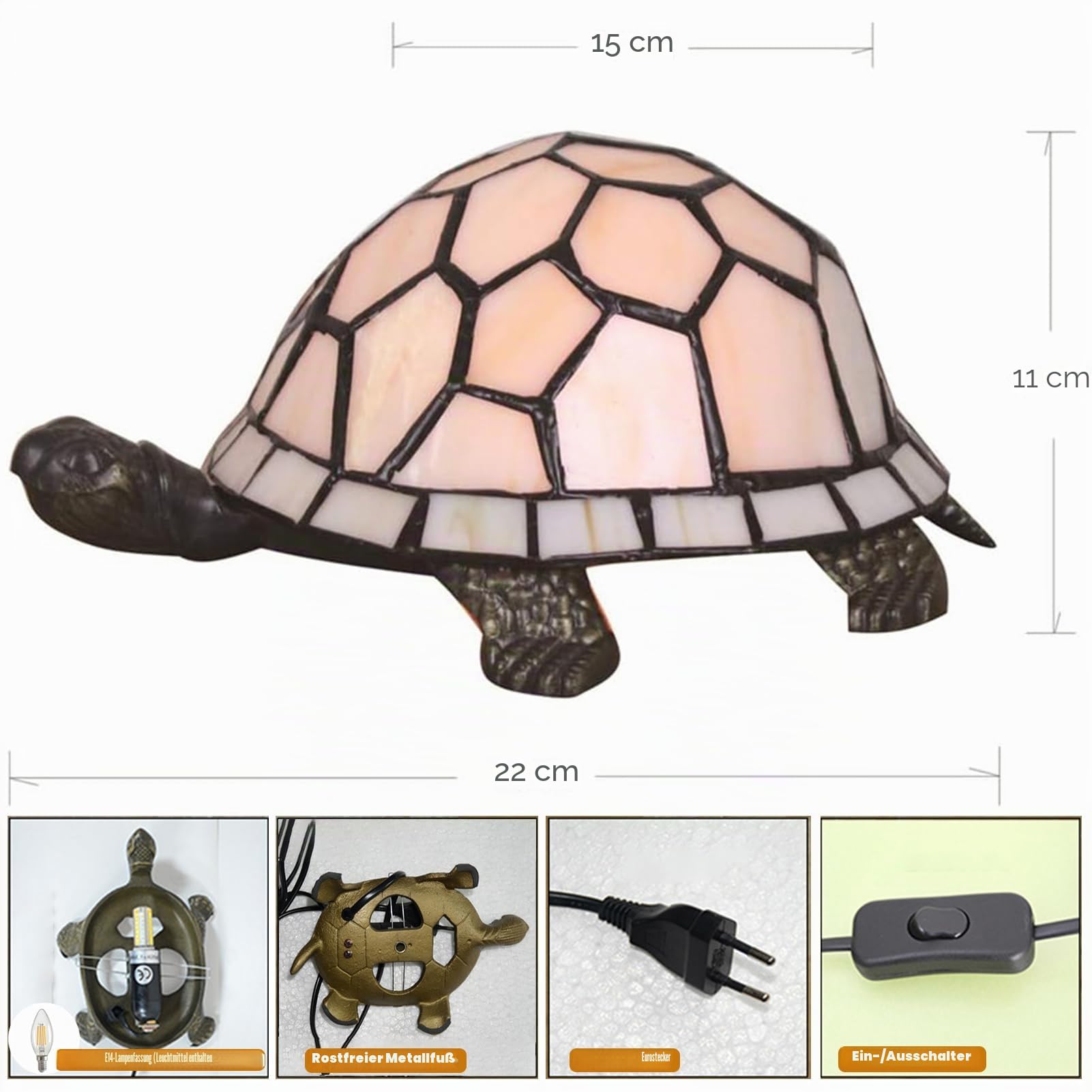 kleine Tischlampe,Tiffany-Stil Schildkröte Buntglas Lampenschirm Tischleuchte,vintage nachttischlampe,Schlafzimmer, Wohnzimmer kinderzimmer Art Deco lampe mit LED E14 Birne(cremefarben)