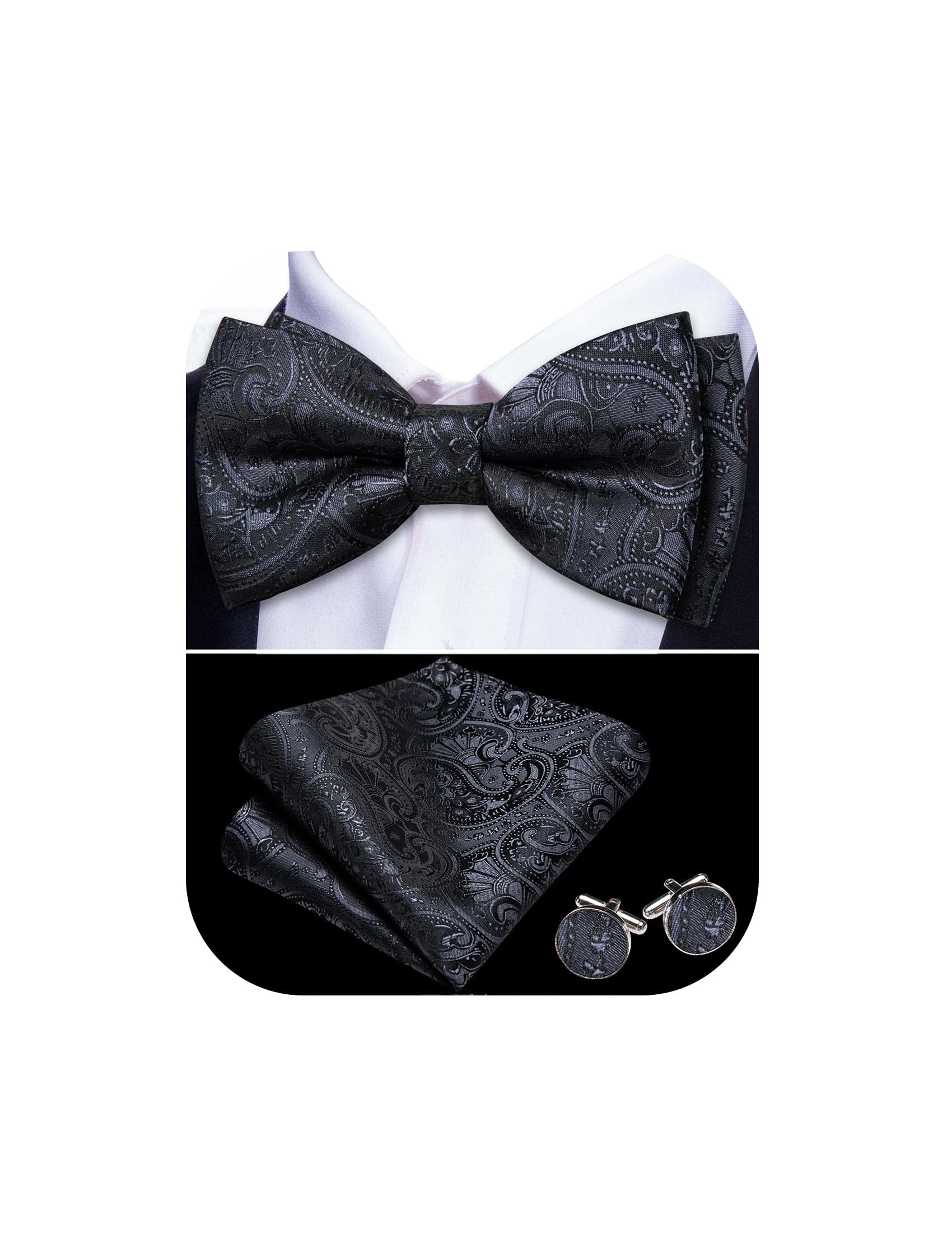 Men's Paisley Silk Pre-tied Bow Tie Set Pocket Square and Cufflinks for Weddings and Formal Events