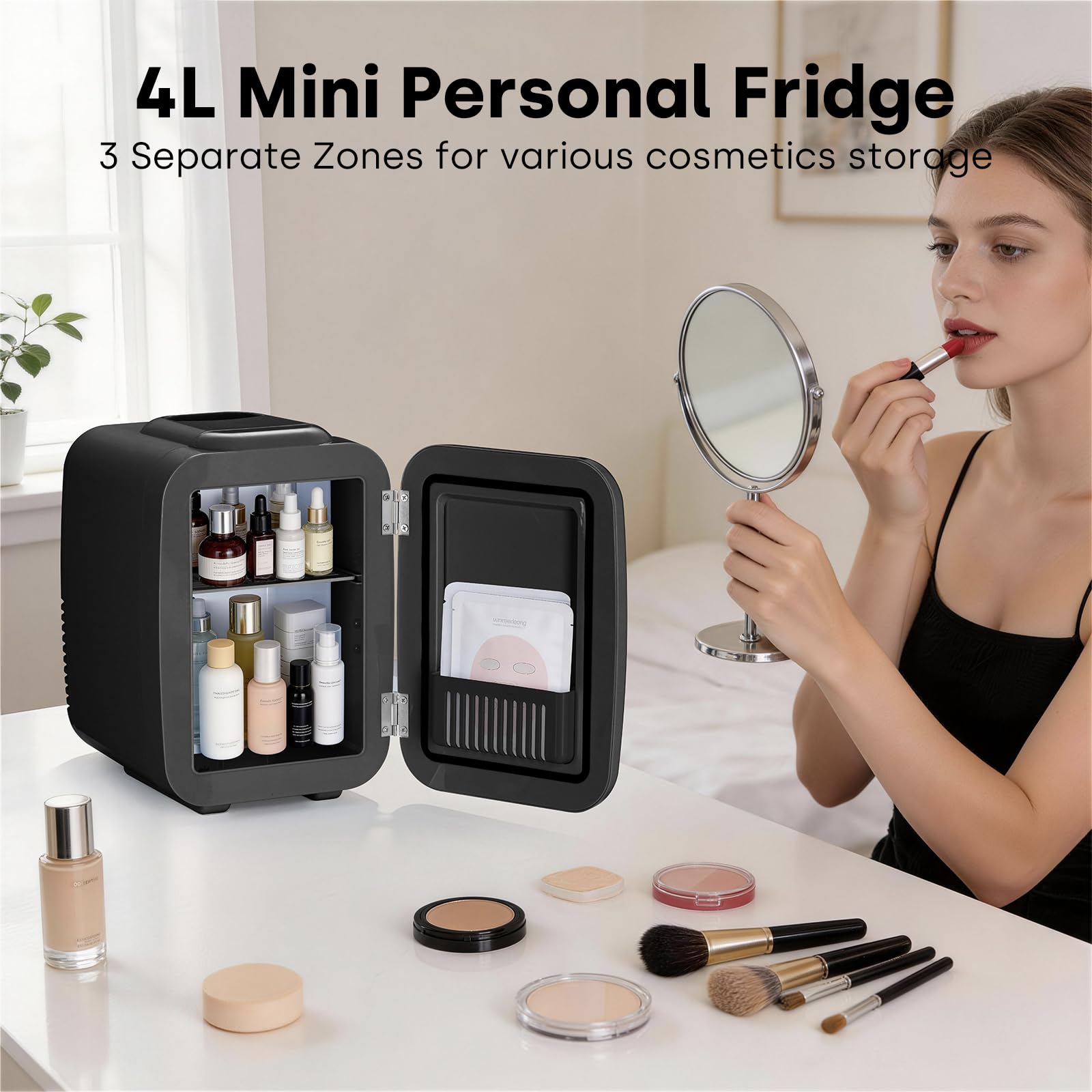 Enventor Mini Frigo 4L, 6 Canettes, Prise 12V/220V, Silencieux, Noir | Fonction Refroidissement et Chauffage, Petit Réfrigérateur Cosmétique, Compact Fridge pour Voiture, Chambre, Bureau