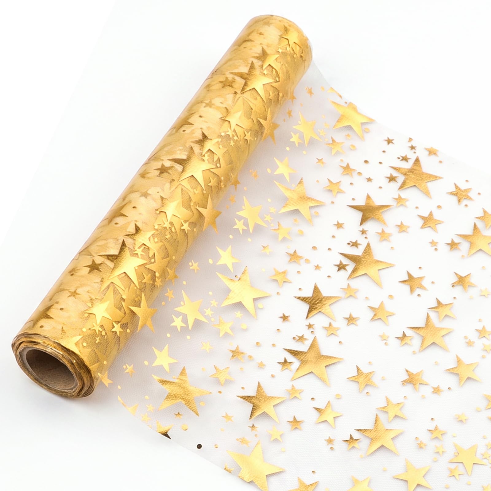 10M Glitter Gold Table Runner, Sequin Star Thin Mesh Runner Roll Bling Chiffon Tulle Table Runners Decor Gold Tabletop Centerpiece Decor for Event Party, Wedding, Birthday Party, Christmas, Dinner