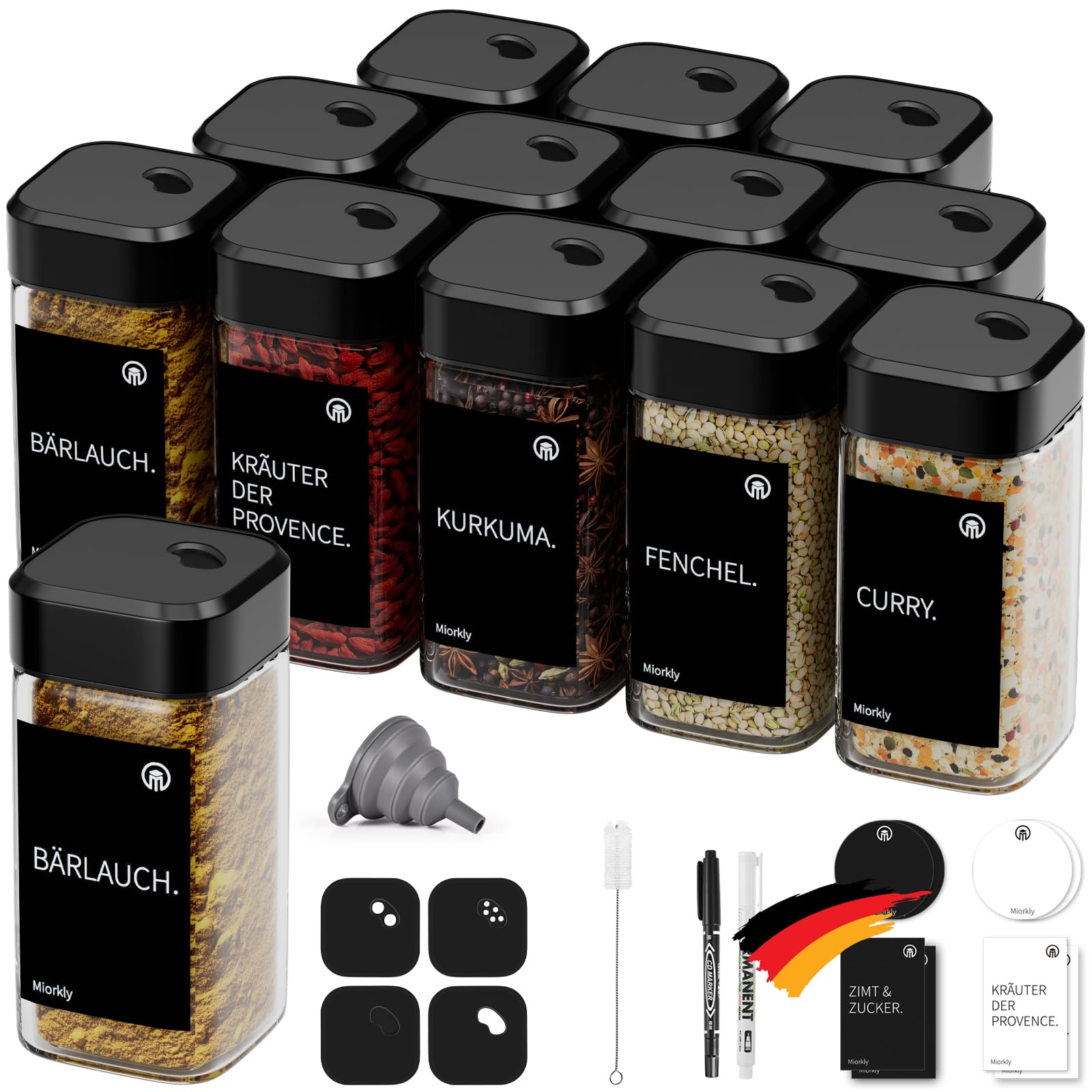 Miorkly 24 Gewürzgläser Eckig mit Drehdeckel,Gewürzstreuer Glas 120 ml - Gewürzdosen Set Starke Versiegelung - Gewürz Organizer - Gewürzbehälter mit Etikett-Gewürzglas Spice Jars(Schwarz)