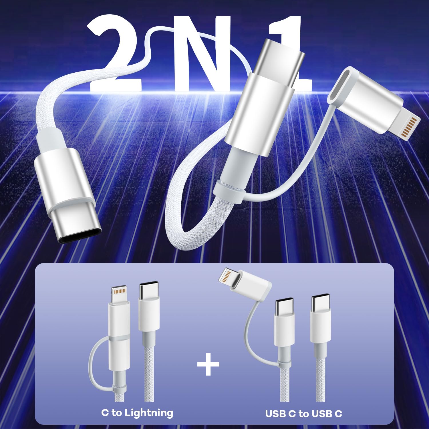 IDISON Cavo USB C a USB C/Lightning 2 in 1, 60 W Max, 2 cavi USB C da 1,2 m, ricarica rapida, cavo di ricarica multi cavo di ricarica per iPhone, per auto, iPhone 16/15/14/13, Samsung, MacBook, Pad e