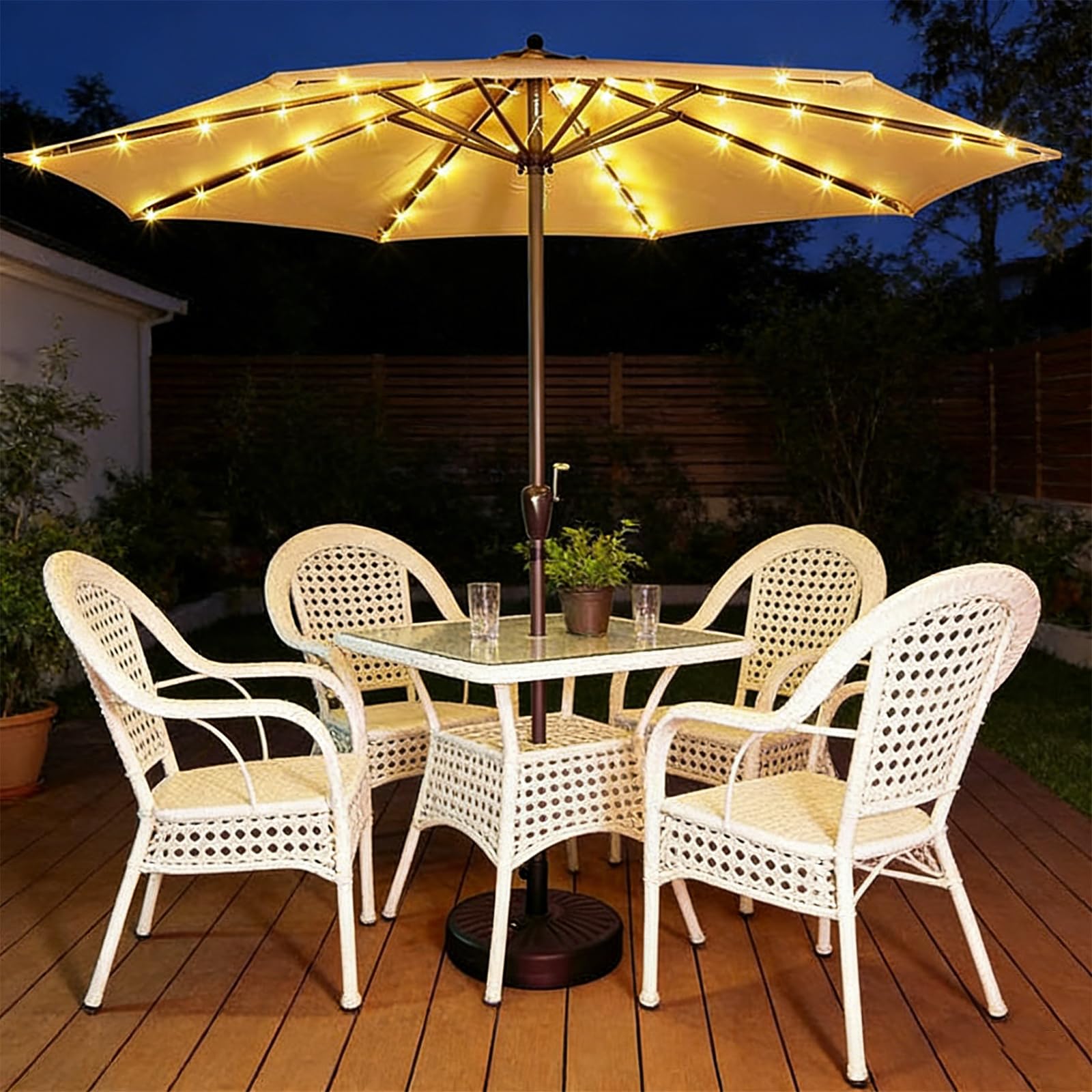 Iluminación solar IP67, 104 luces LED para sombrilla, luz blanca cálida con mando a distancia, 8 modos, guirnalda de luces para jardín, camping, tienda de campaña, decoración exterior e interior