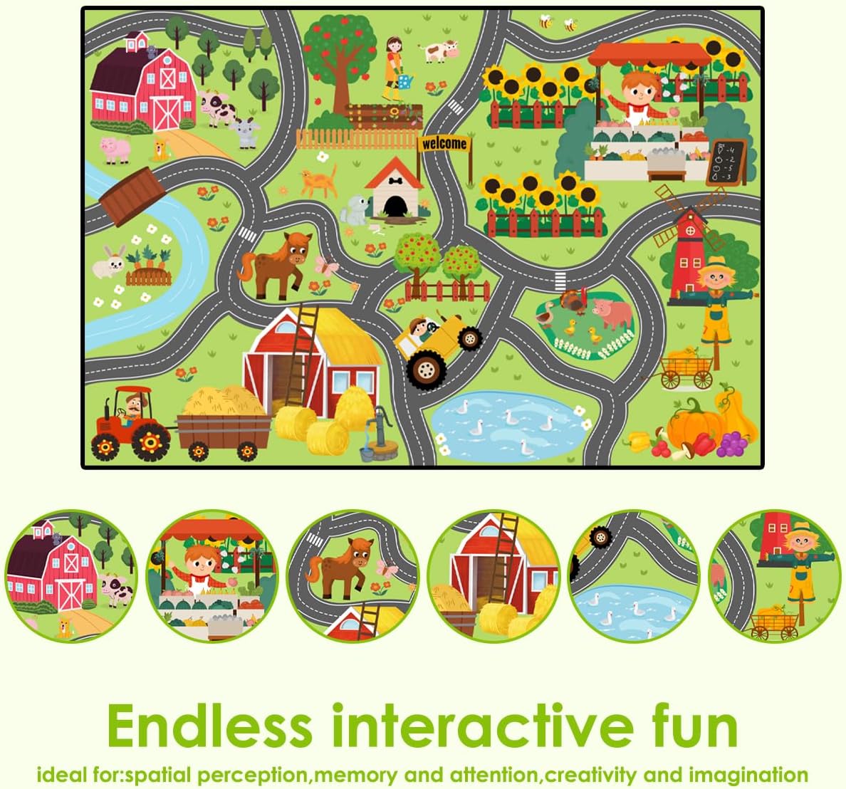 Kids Farmyard Adventure Play Rugs,Educational and Fun Farm Car Rug Play Mat for Kids,3x5 Ft Non-Slip Road Traffic Playmat for Imaginative Play, Nursery, Playroom and Classroom