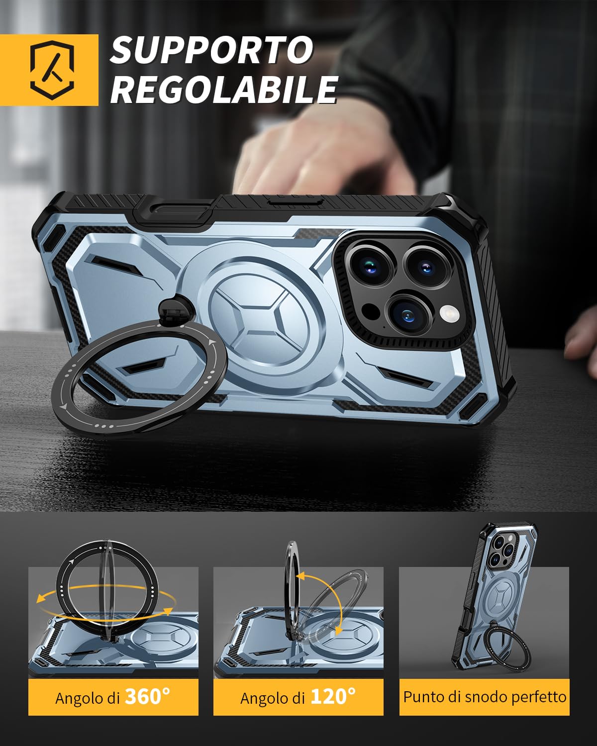 Lanhiem Cover per iPhone 16 Pro Max con 2 Pezzi Vetro Temperato, 14FT Antiurto Anticaduta Militare,Supporto Magnetico Anello a 360° Protezione Armor Protezione, Custodia per iPhone 16 Pro Max, Blu