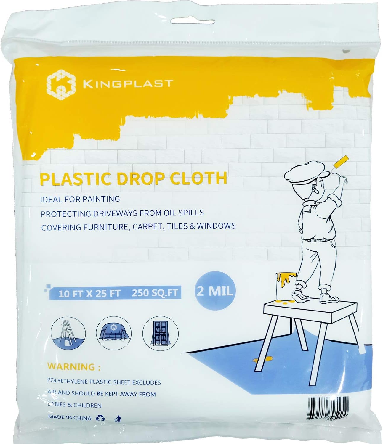 KINGPLAST Plastic Drop Cloth for Painting 10 x 25ft x 2mil Clear Painters Drop Sheet