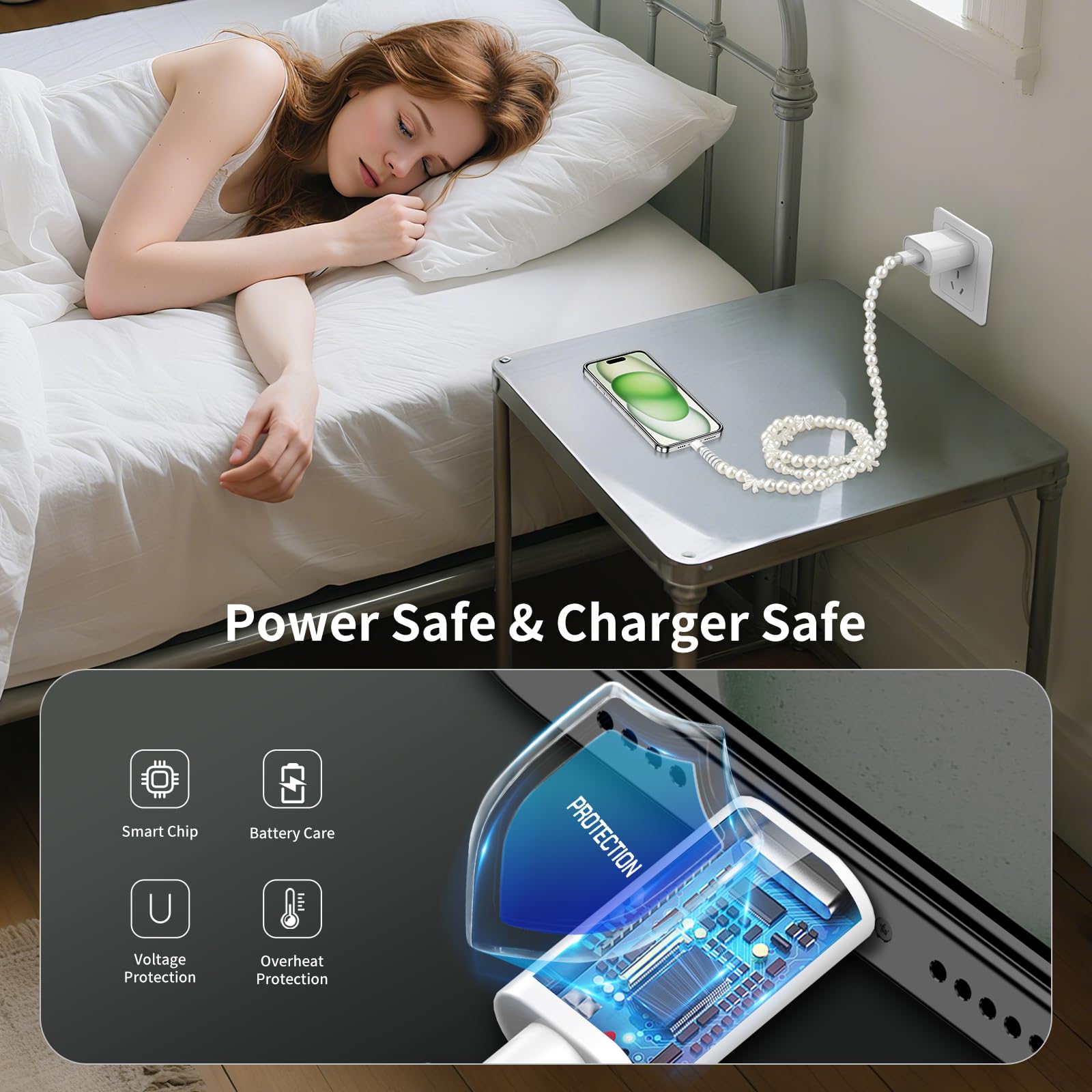 Cavo USB a USB C da 1,9 m 60 W bianco perla USB iPhone cavo di ricarica in rilievo tipo C cavo di ricarica rapida con fiocco carino per iPhone 16 15 Plus Pro Max 16E Samsung Galaxy S25 S24 S23