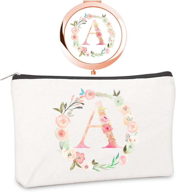 Espelho compacto redondo boutikpro com bolsa, inicial A, Rose Gold