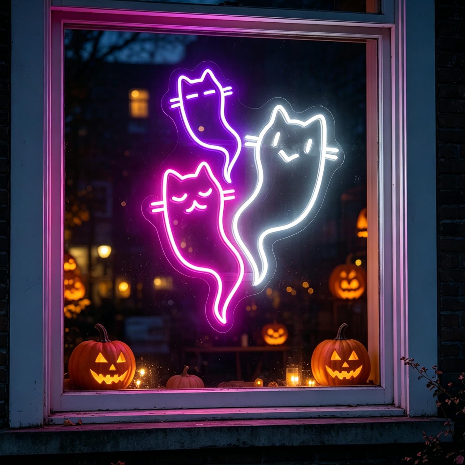 3 Cat Ghost Neon Sign, 16" x 11.2" Dimmable LED Halloween Neon Light, Pink Purple White Spooky Cute Wall Decor for Indoor Home Party Bedroom,USB Powered