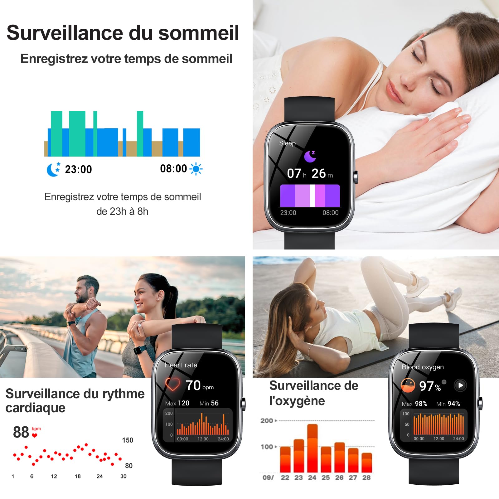 Smartwatch Connectée 1.91" HD - Appels Bluetooth, 150+ Sports, Suivi Santé 24/7 - Étanche IP68 - Compatible Android/iOS - Noir - 9