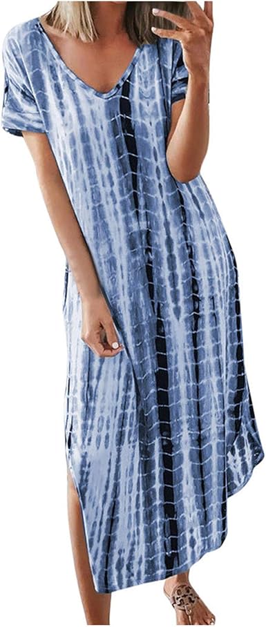AMhomely Women Dresses Promotion Sale Clearance Fashion Casual Ladies Tie-Dye Print V-Neck Short Sleeve Split Summer Long Dress Party Eleagant Dress UK Size S-3XL