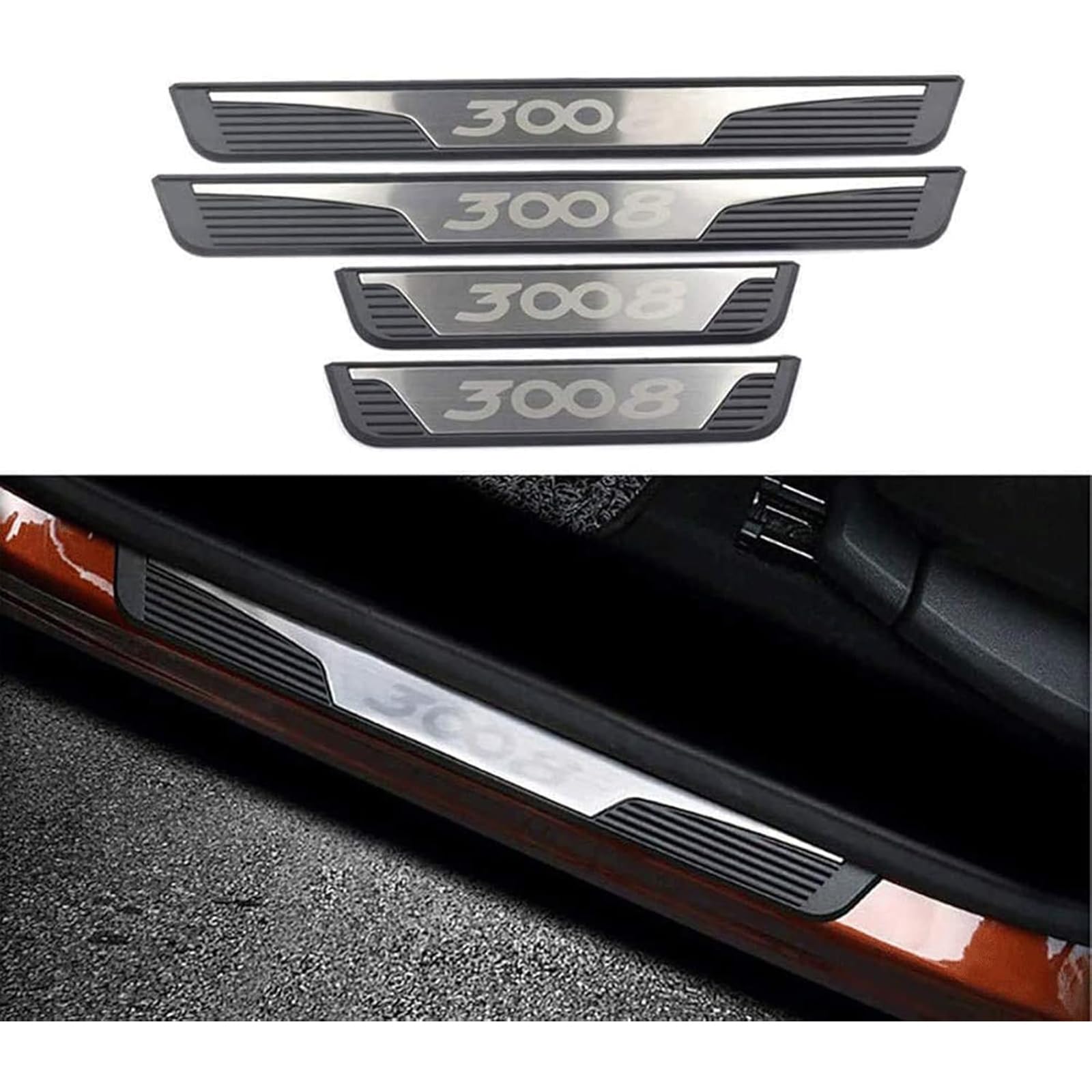 4 Pezzi Protezione Acciaio Inossidabile Battitacco Soglia Piastre per Peu-geot 3008 GT 2017-2020, Auto Acciaio Inox Battitacco, AntiGraffio Battitacco Auto,Silver