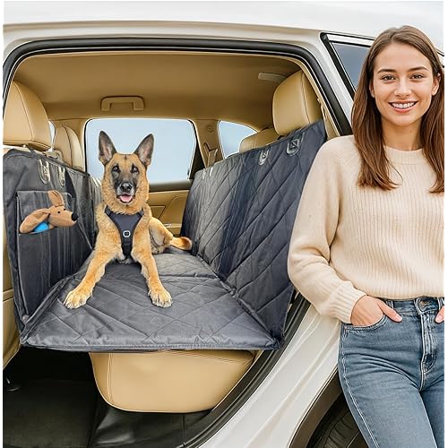 APetsPlanet Dog Car Seat Cover for Back Seat Hard Bottom - Waterproof Backseat Extender for Dogs - Pet Hammock for Car, Truck, SUV - Protector Bed with Mesh Window & Storage - Black, No Door Covers
