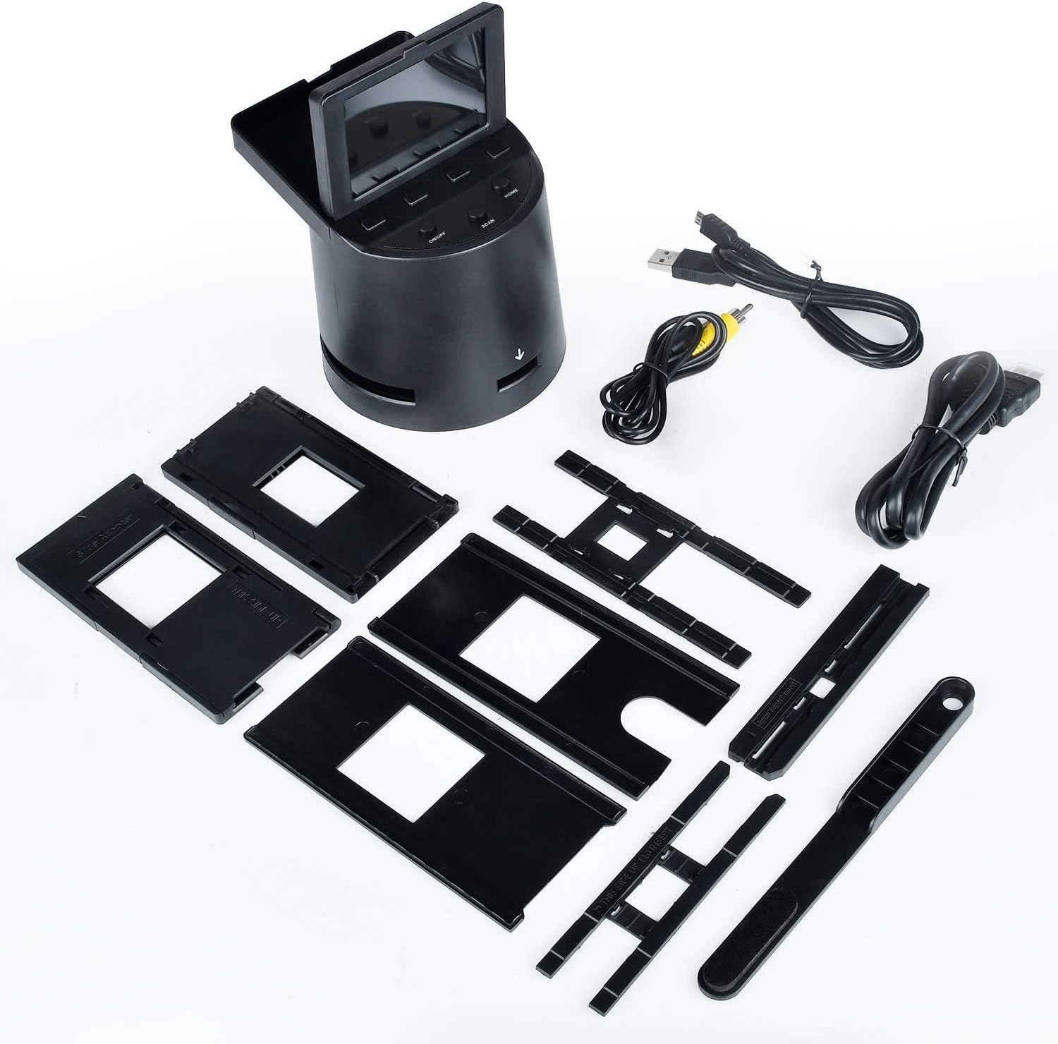 All components of the Jancane Digital Film & Slide Scanner package, including the scanner, various film holders, cables, and a cleaning brush.