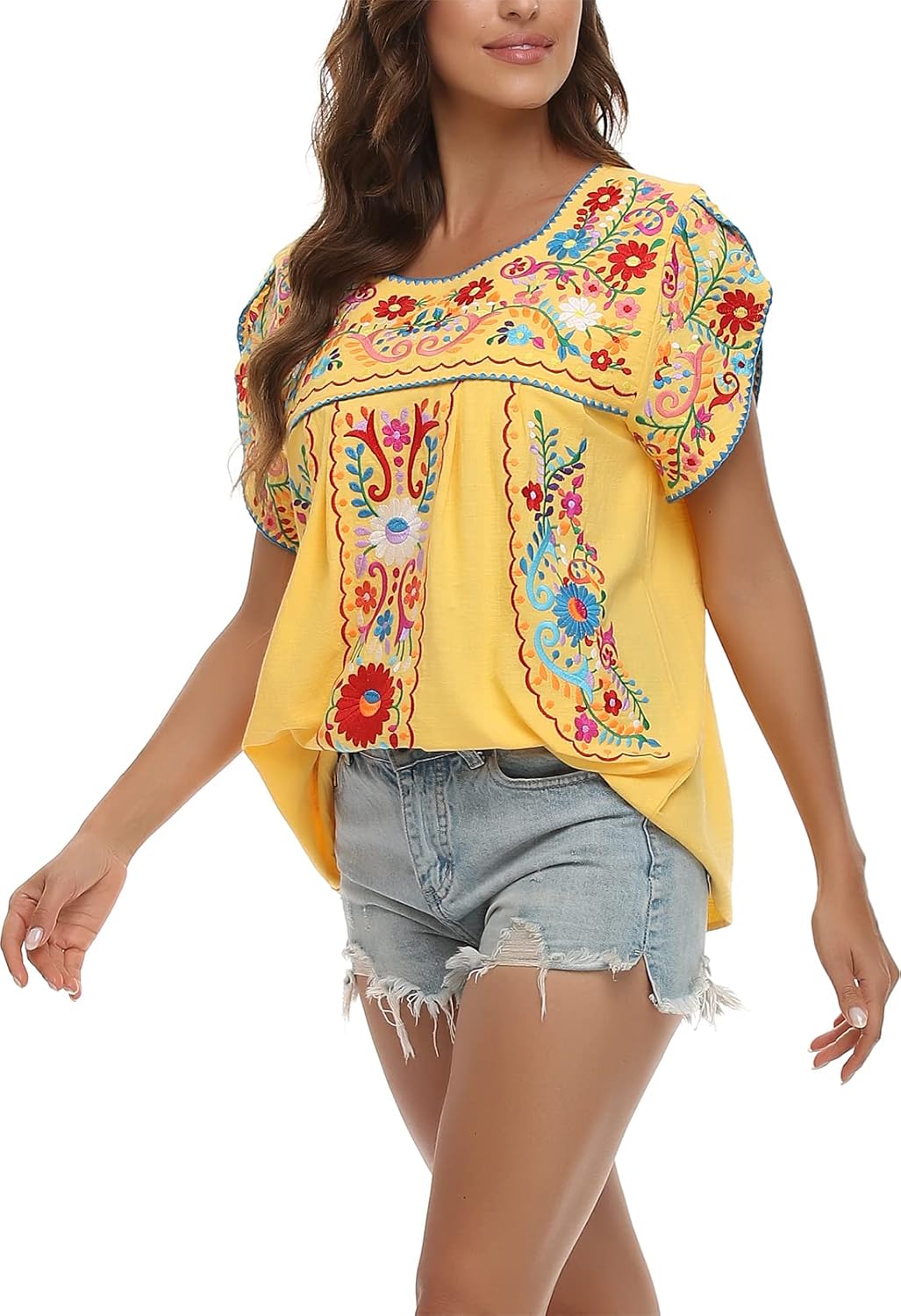 YZXDORWJ Women's Summer Boho Embroidery Mexican Bohemian Tops Shirt Tunic - Image 8
